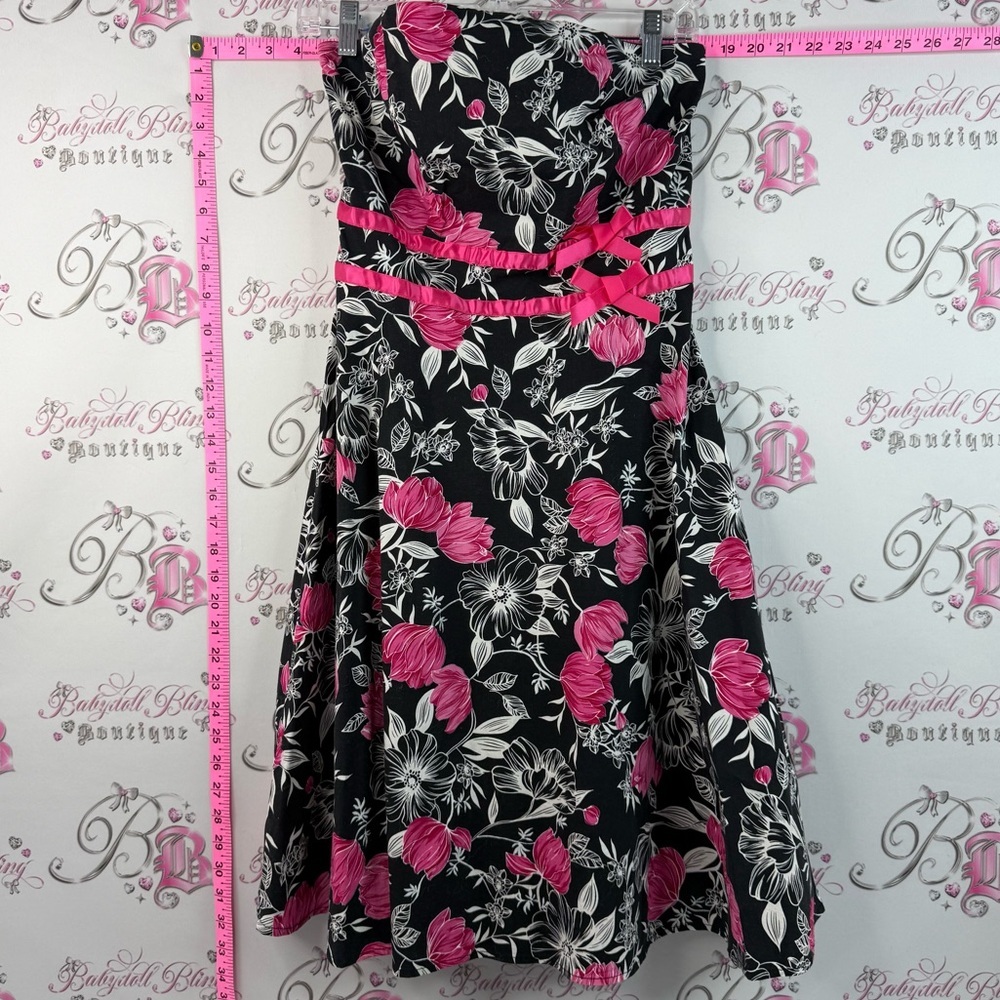 Oasis strapless dress ribbons Black Floral Midi Dress with Pink Flowers